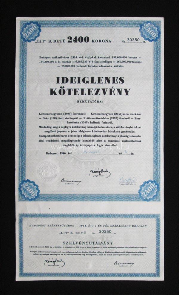 Budapest kölcsön ideiglenes kötelezvény 2400 korona 1946